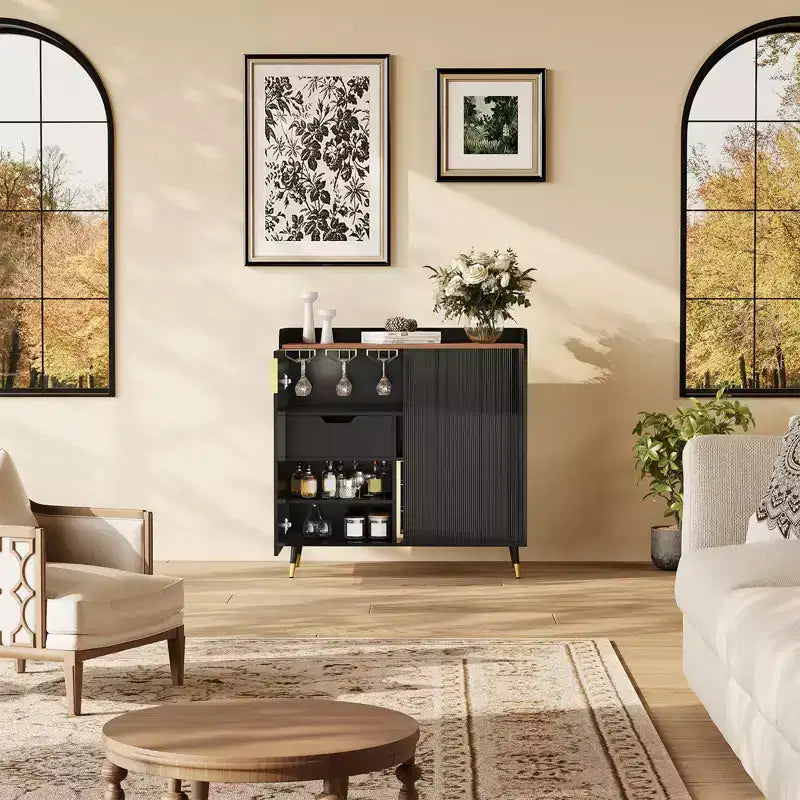 Wine Cabinet, Wine Bar Cabinet with Fluted Doors, Modern Small Buffet Sideboard with Wine Rack & Glass Holders