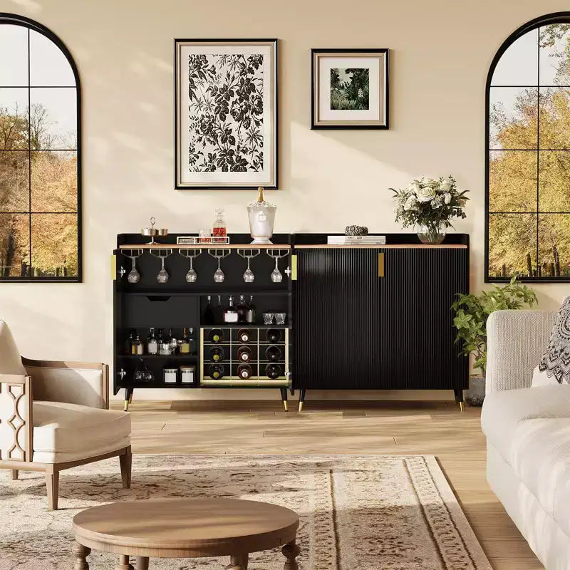 Wine Cabinet, Wine Bar Cabinet with Fluted Doors, Modern Small Buffet Sideboard with Wine Rack & Glass Holders