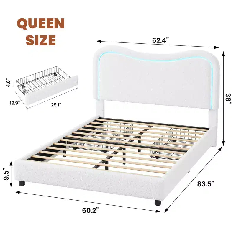 Queen Bed Frame with 2 Drawers and Headboard, Cute Upholstered Bed with Storage, Sturdy Platform Bed, No Box Spring Needed, Wooden Slats