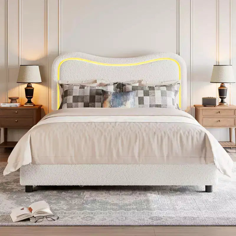 Queen Bed Frame with 2 Drawers and Headboard, Cute Upholstered Bed with Storage, Sturdy Platform Bed, No Box Spring Needed, Wooden Slats
