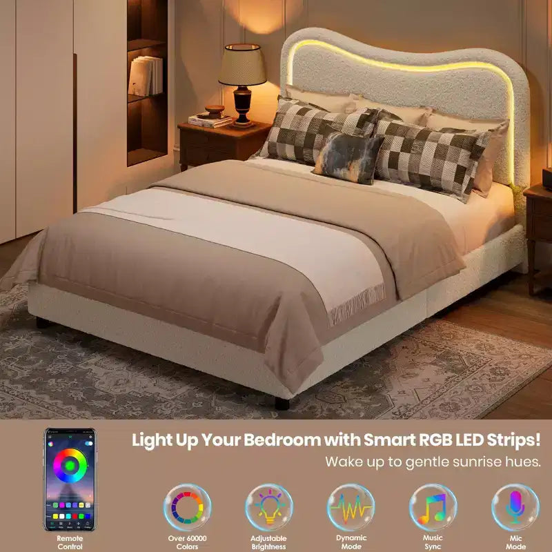 Queen Bed Frame with 2 Drawers and Headboard, Cute Upholstered Bed with Storage, Sturdy Platform Bed, No Box Spring Needed, Wooden Slats