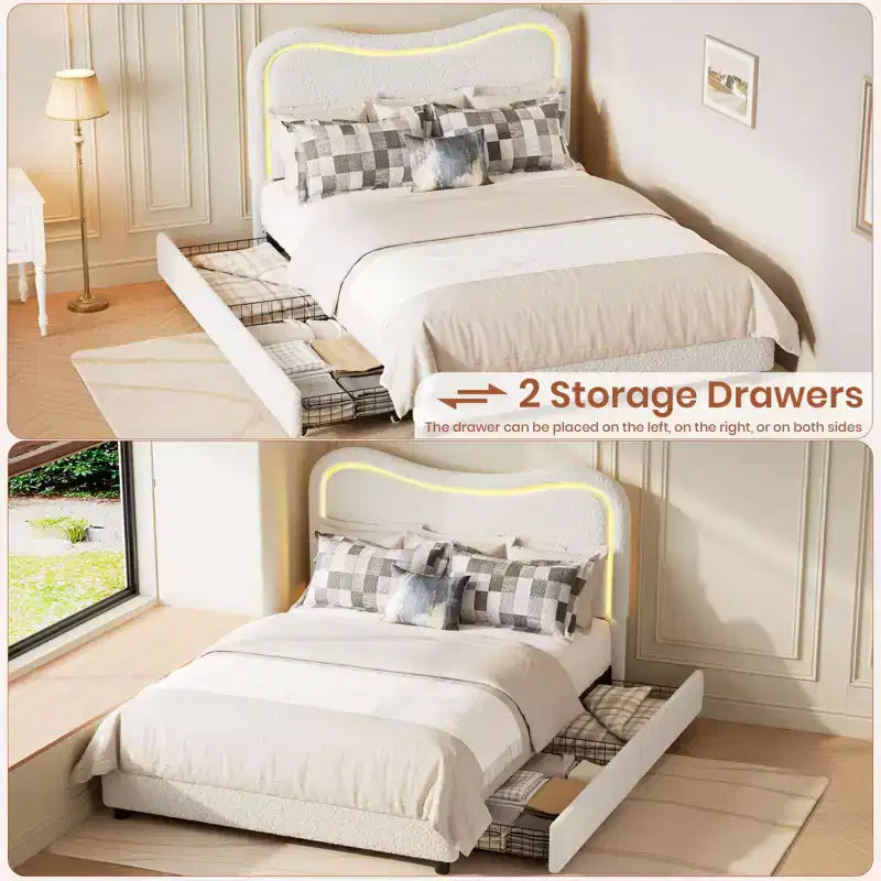 Queen Bed Frame with 2 Drawers and Headboard, Cute Upholstered Bed with Storage, Sturdy Platform Bed, No Box Spring Needed, Wooden Slats