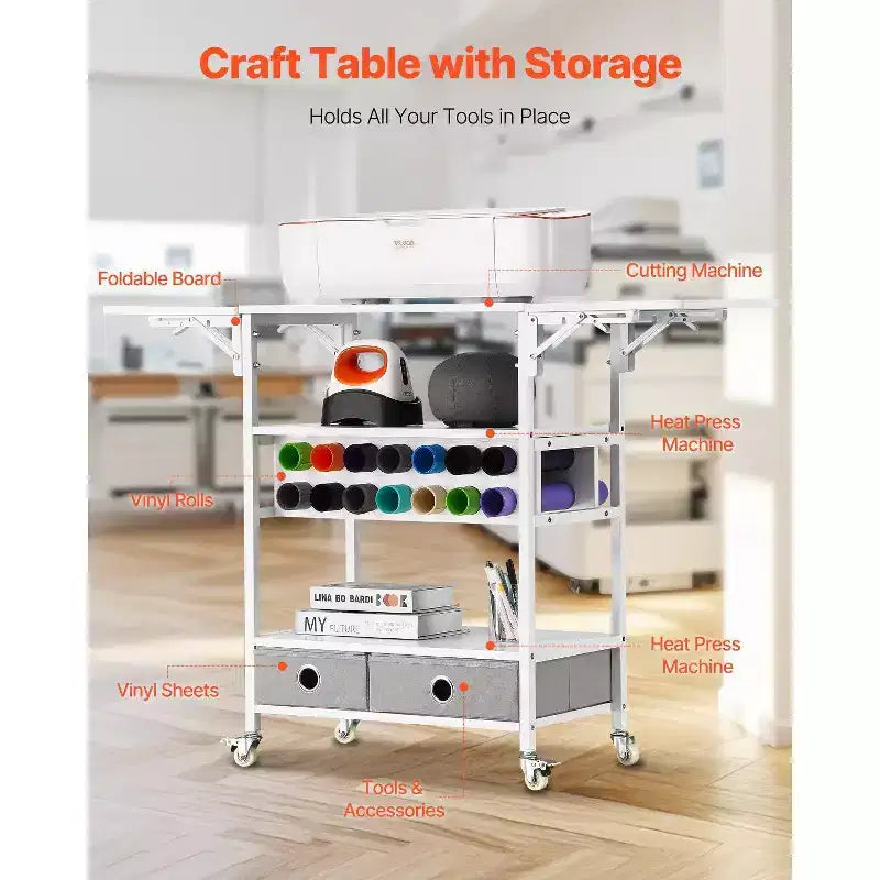 Rolling Craft Cart & Storage Table, Cricut Compatible, Foldable Sides, 14 Vinyl Holders & 2 Drawers