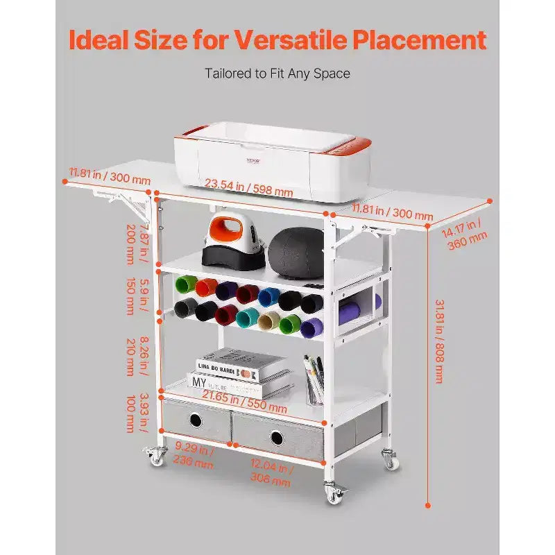 Rolling Craft Cart & Storage Table, Cricut Compatible, Foldable Sides, 14 Vinyl Holders & 2 Drawers