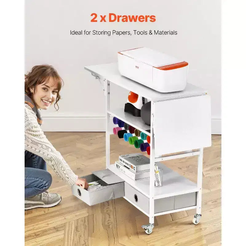 Rolling Craft Cart & Storage Table, Cricut Compatible, Foldable Sides, 14 Vinyl Holders & 2 Drawers
