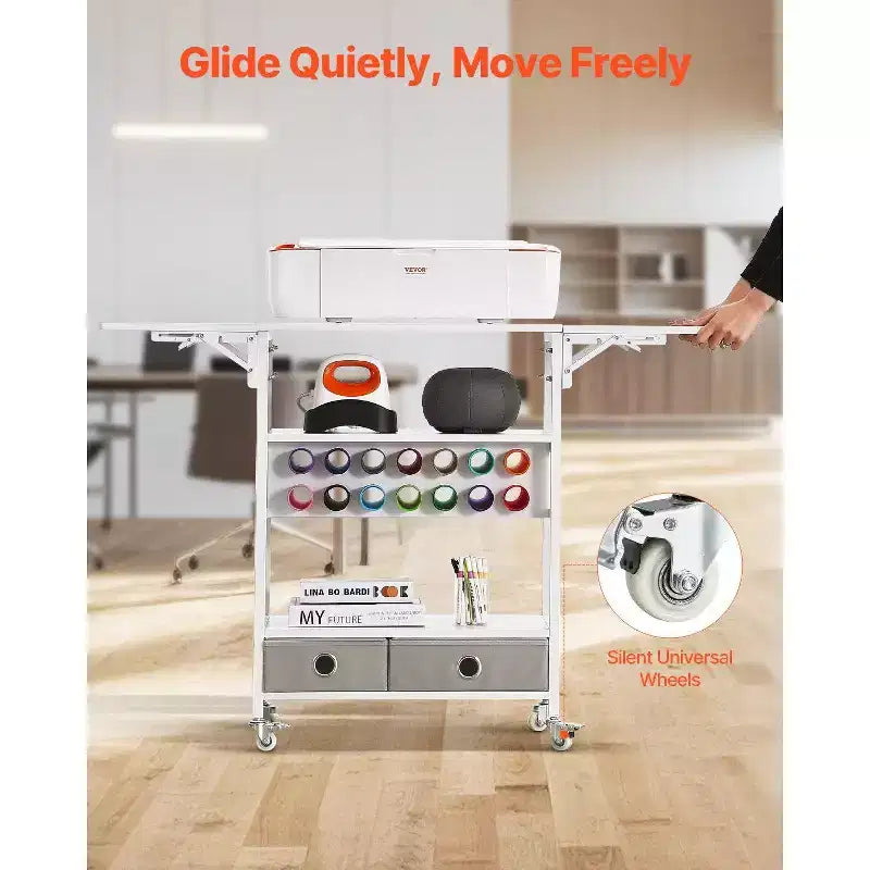 Rolling Craft Cart & Storage Table, Cricut Compatible, Foldable Sides, 14 Vinyl Holders & 2 Drawers