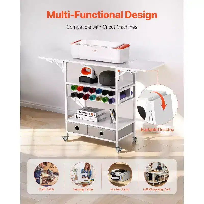 Rolling Craft Cart & Storage Table, Cricut Compatible, Foldable Sides, 14 Vinyl Holders & 2 Drawers