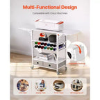 Carrito y mesa de almacenamiento para manualidades con ruedas, compatible con Cricut, laterales plegables, 14 soportes para vinilos y 2 cajones