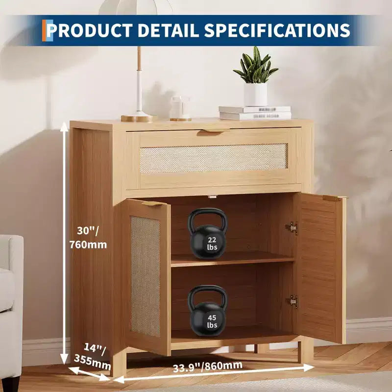Buffet Cabinet, Modern Wood Rattan Storage Sideboard with Adjustable Shelves & Drawers, Versatile Credenza