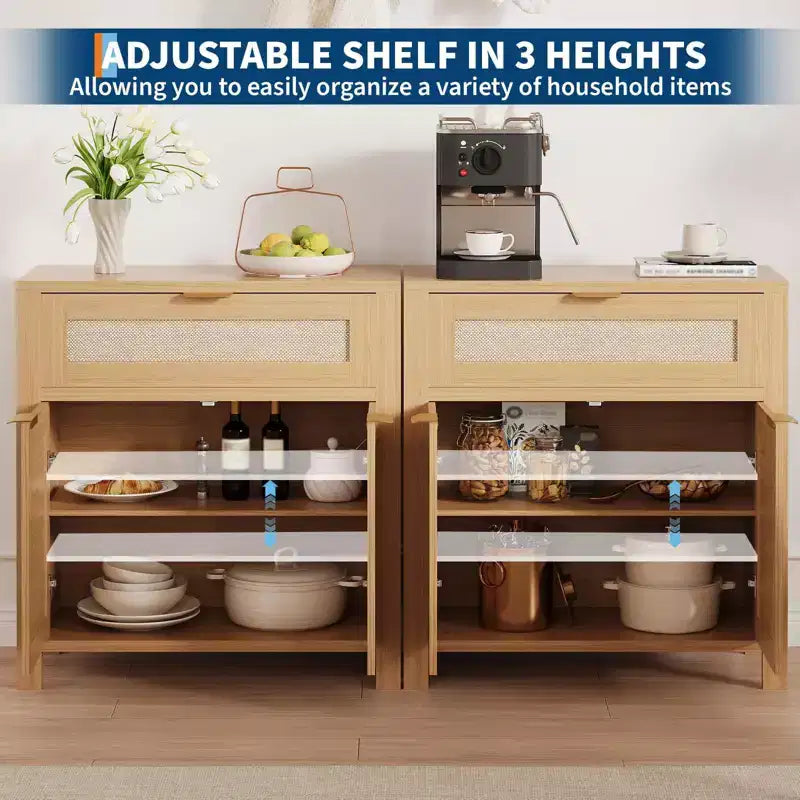 Buffet Cabinet, Modern Wood Rattan Storage Sideboard with Adjustable Shelves & Drawers, Versatile Credenza