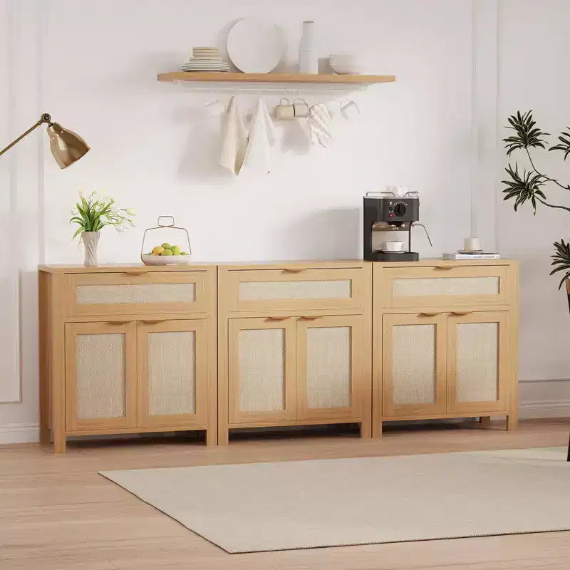 Buffet Cabinet, Modern Wood Rattan Storage Sideboard with Adjustable Shelves & Drawers, Versatile Credenza