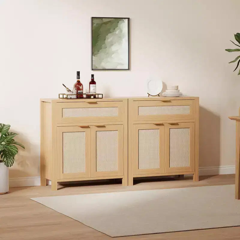 Buffet Cabinet, Modern Wood Rattan Storage Sideboard with Adjustable Shelves & Drawers, Versatile Credenza