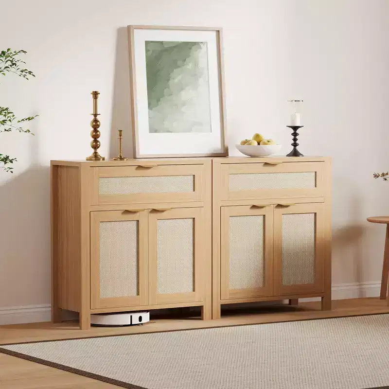 Buffet Cabinet, Modern Wood Rattan Storage Sideboard with Adjustable Shelves & Drawers, Versatile Credenza