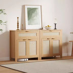 Buffet, meuble de rangement moderne en bois et rotin avec étagères réglables et tiroirs, crédence polyvalente