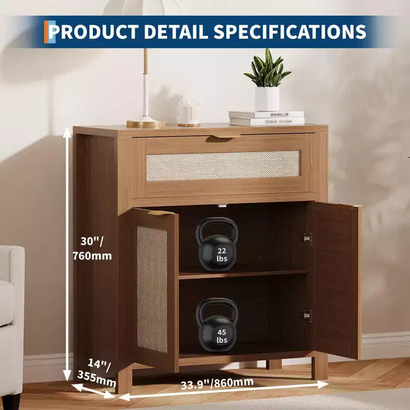 Buffet Cabinet, Modern Wood Rattan Storage Sideboard with Adjustable Shelves & Drawers, Versatile Credenza