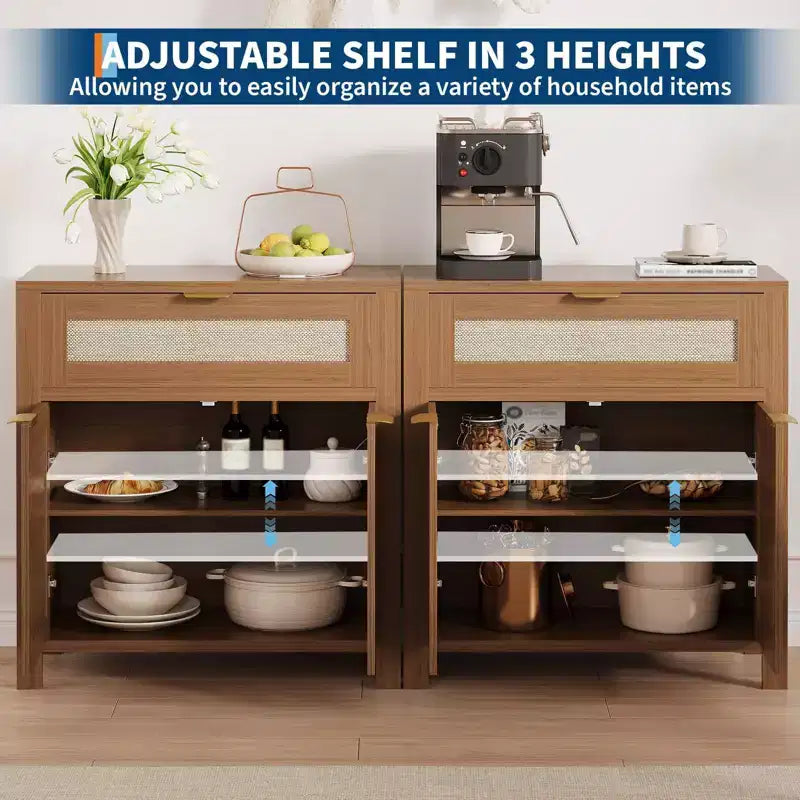 Buffet Cabinet, Modern Wood Rattan Storage Sideboard with Adjustable Shelves & Drawers, Versatile Credenza