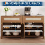 Buffet, meuble de rangement moderne en bois et rotin avec étagères réglables et tiroirs, crédence polyvalente