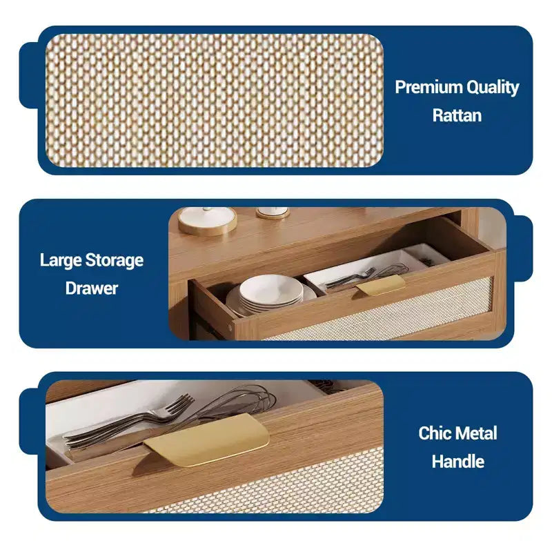Buffet Cabinet, Modern Wood Rattan Storage Sideboard with Adjustable Shelves & Drawers, Versatile Credenza