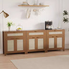 Buffet, meuble de rangement moderne en bois et rotin avec étagères réglables et tiroirs, crédence polyvalente
