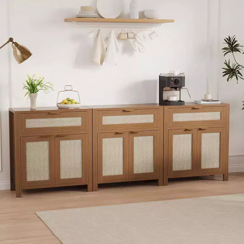 Buffet Cabinet, Modern Wood Rattan Storage Sideboard with Adjustable Shelves & Drawers, Versatile Credenza