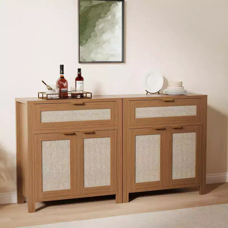 Buffet Cabinet, Modern Wood Rattan Storage Sideboard with Adjustable Shelves & Drawers, Versatile Credenza