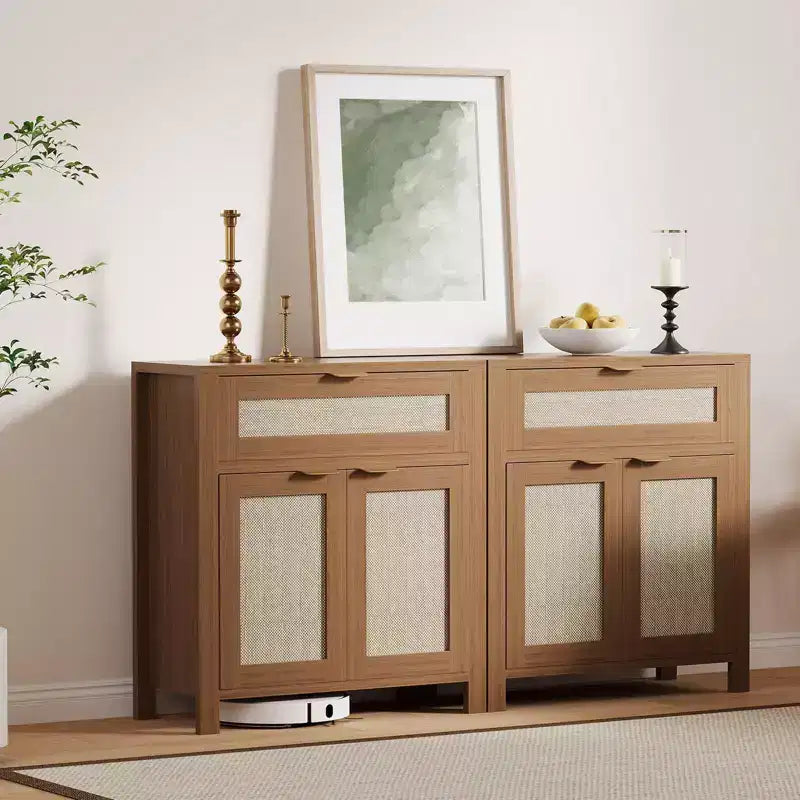 Buffet Cabinet, Modern Wood Rattan Storage Sideboard with Adjustable Shelves & Drawers, Versatile Credenza