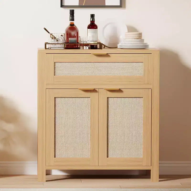Buffet Cabinet, Modern Wood Rattan Storage Sideboard with Adjustable Shelves & Drawers, Versatile Credenza