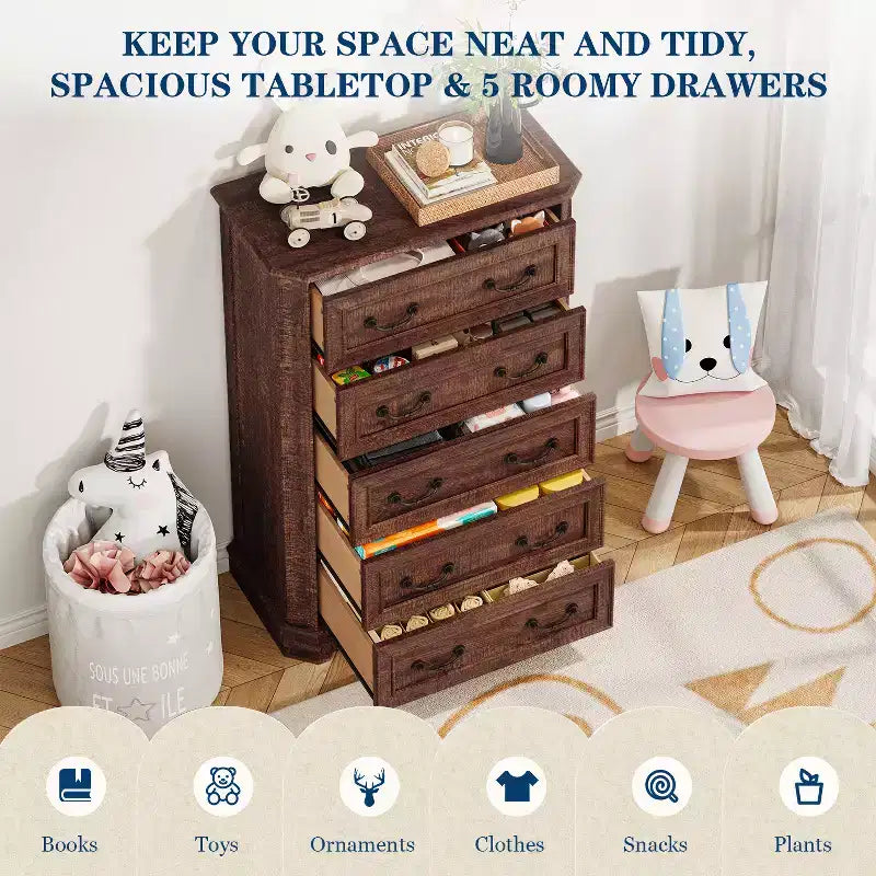 Farmhouse 5 Drawers Dresser, 48 Tall Vintage Chest of Drawers