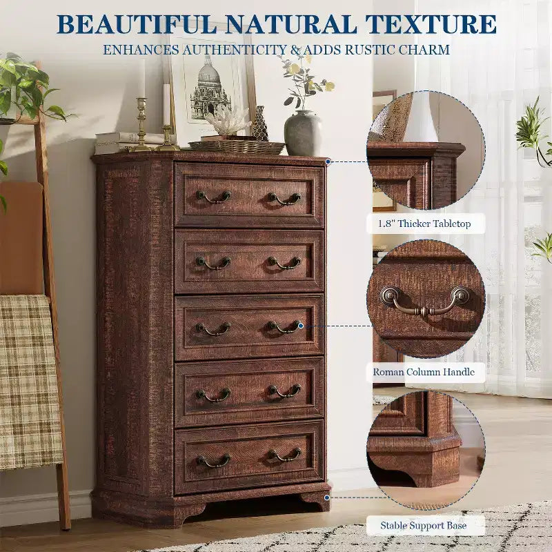 Farmhouse 5 Drawers Dresser, 48 Tall Vintage Chest of Drawers