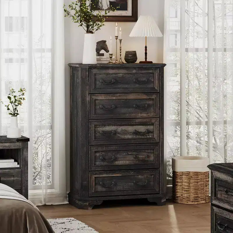 Farmhouse 5 Drawers Dresser, 48 Tall Vintage Chest of Drawers