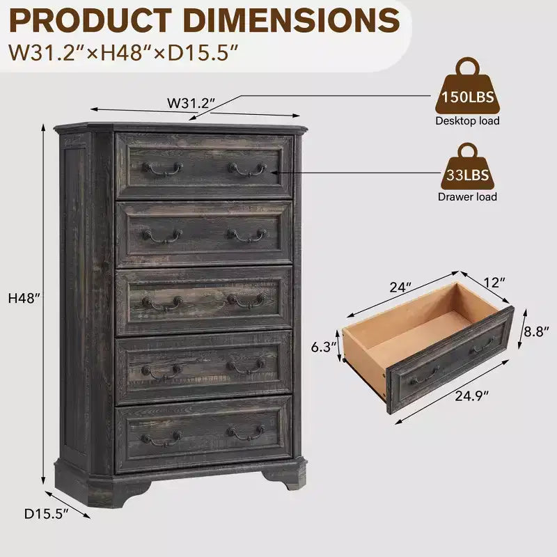 Farmhouse 5 Drawers Dresser, 48 Tall Vintage Chest of Drawers