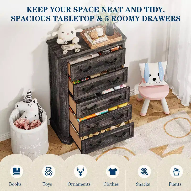 Farmhouse 5 Drawers Dresser, 48 Tall Vintage Chest of Drawers