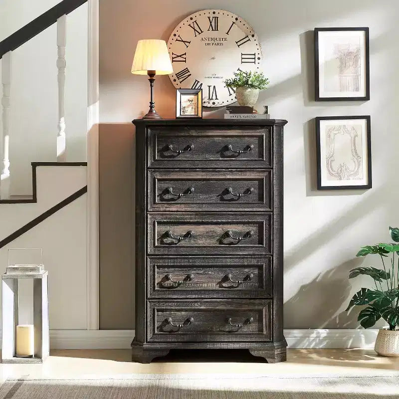 Farmhouse 5 Drawers Dresser, 48 Tall Vintage Chest of Drawers