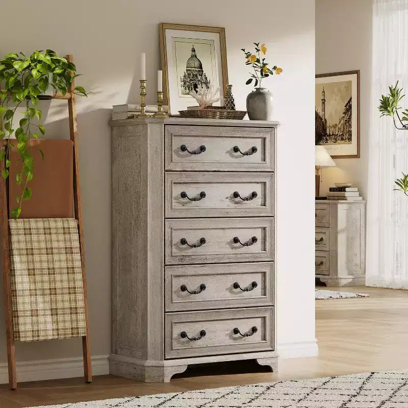 Farmhouse 5 Drawers Dresser, 48 Tall Vintage Chest of Drawers