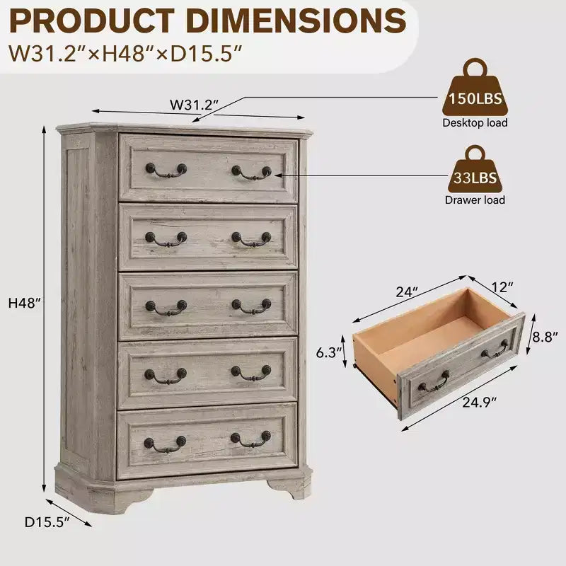 Farmhouse 5 Drawers Dresser, 48 Tall Vintage Chest of Drawers