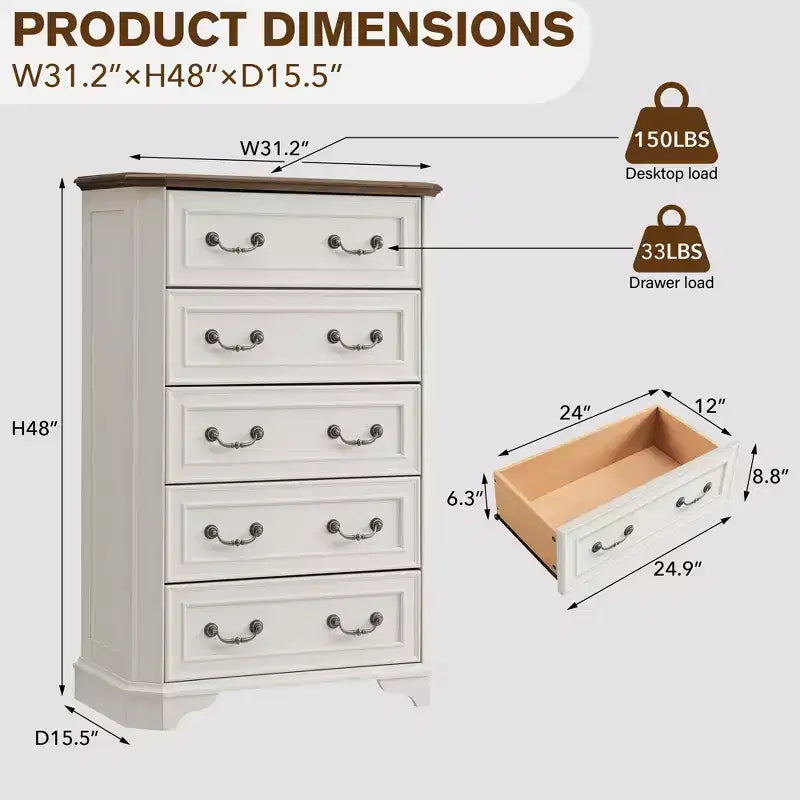 Farmhouse 5 Drawers Dresser, 48 Tall Vintage Chest of Drawers