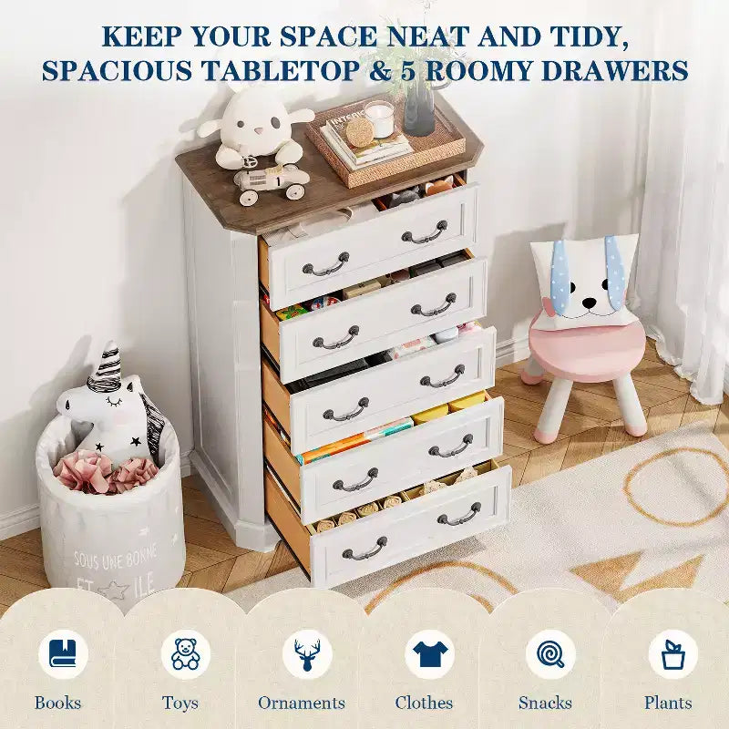 Farmhouse 5 Drawers Dresser, 48 Tall Vintage Chest of Drawers