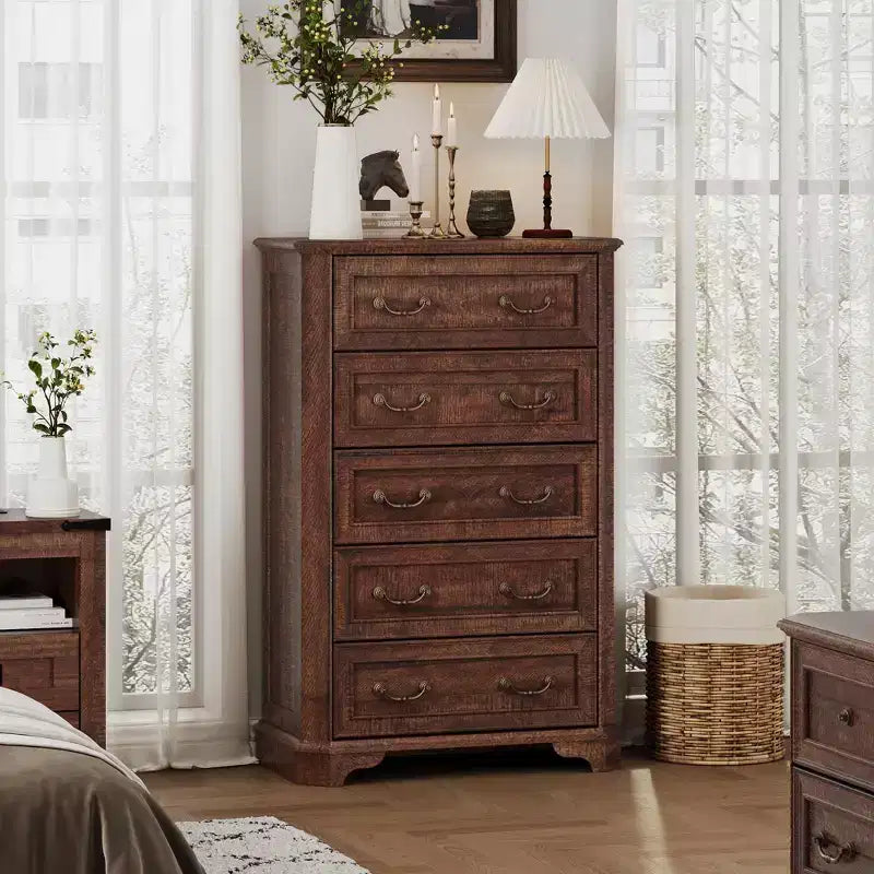 Farmhouse 5 Drawers Dresser, 48 Tall Vintage Chest of Drawers
