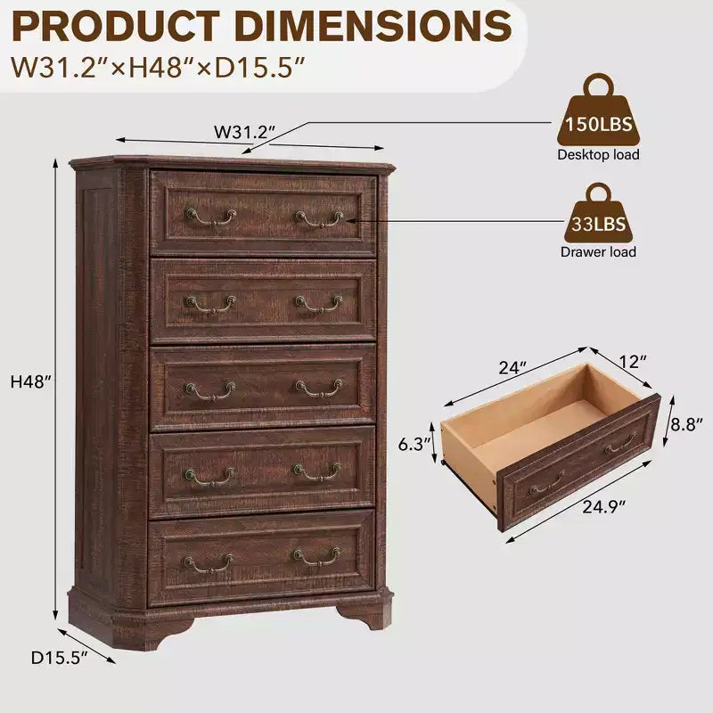 Farmhouse 5 Drawers Dresser, 48 Tall Vintage Chest of Drawers