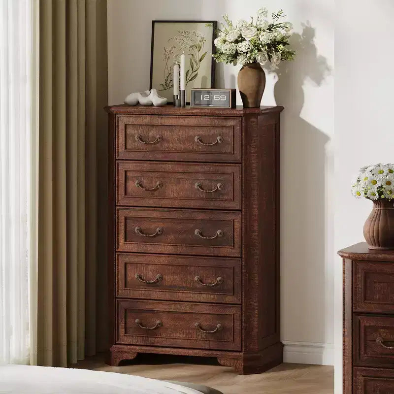Farmhouse 5 Drawers Dresser, 48 Tall Vintage Chest of Drawers