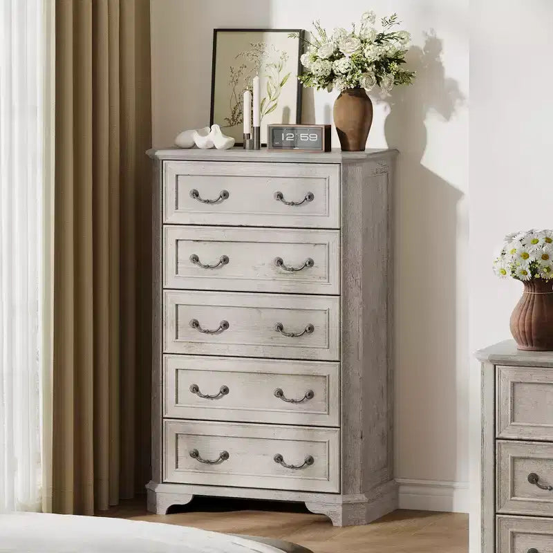Farmhouse 5 Drawers Dresser, 48 Tall Vintage Chest of Drawers