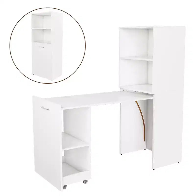 Extendable Desk with Storage Shelves & Casters, Foldable Design for Small Spaces & Offices (White)