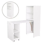 Bureau extensible avec étagères de rangement et roulettes, conception pliable pour les petits espaces et les bureaux (blanc)