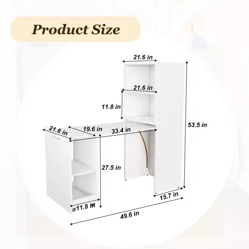 Extendable Desk with Storage Shelves & Casters, Foldable Design for Small Spaces & Offices (White)