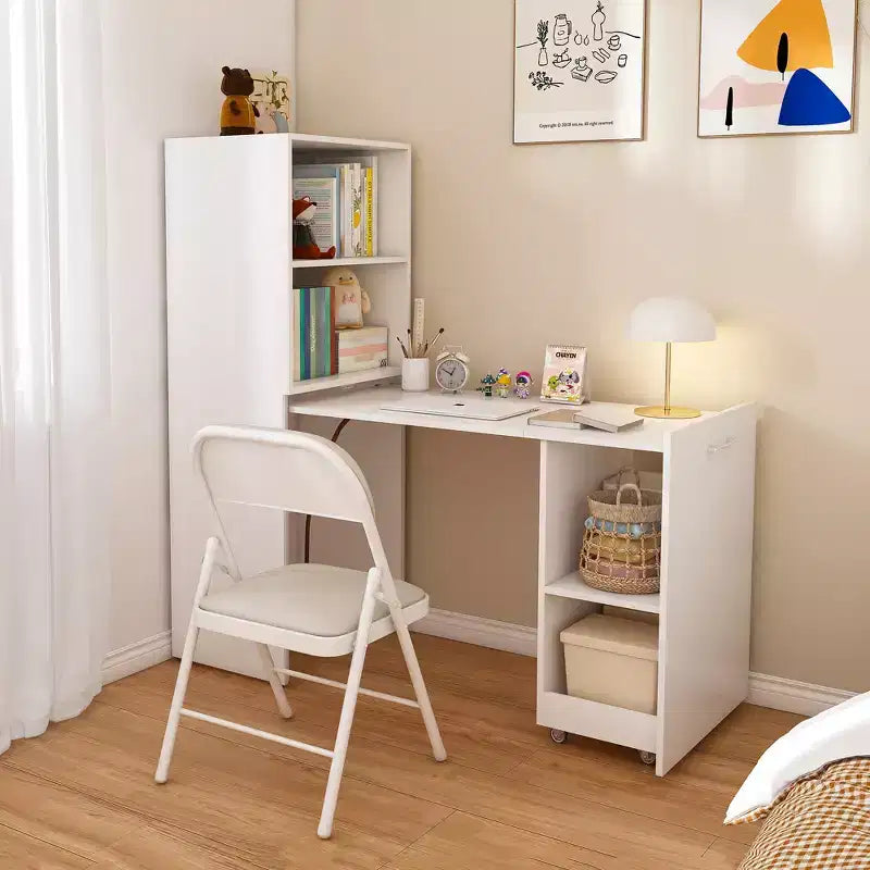 Extendable Desk with Storage Shelves & Casters, Foldable Design for Small Spaces & Offices (White)