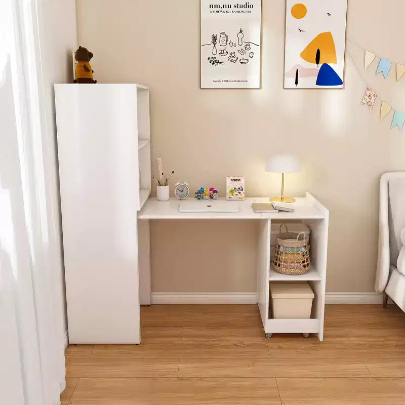 Extendable Desk with Storage Shelves & Casters, Foldable Design for Small Spaces & Offices (White)