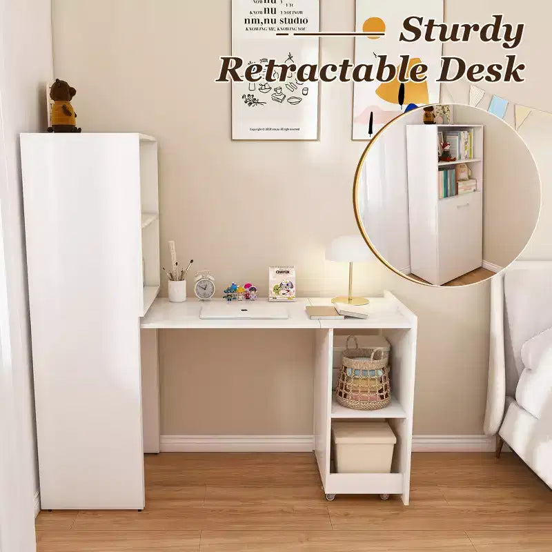 Extendable Desk with Storage Shelves & Casters, Foldable Design for Small Spaces & Offices (White)