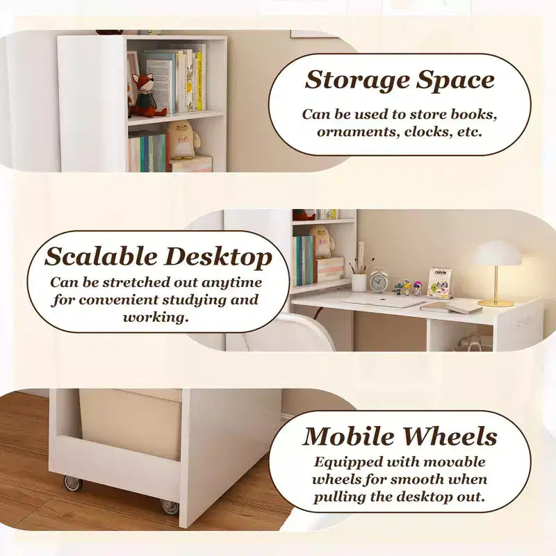 Extendable Desk with Storage Shelves & Casters, Foldable Design for Small Spaces & Offices (White)