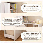 Bureau extensible avec étagères de rangement et roulettes, conception pliable pour les petits espaces et les bureaux (blanc)