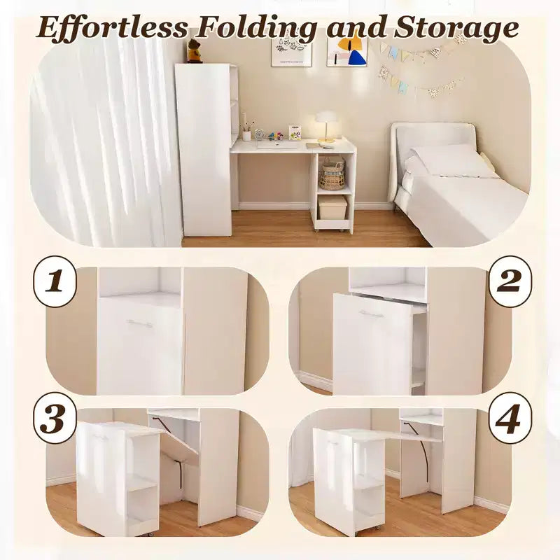 Extendable Desk with Storage Shelves & Casters, Foldable Design for Small Spaces & Offices (White)